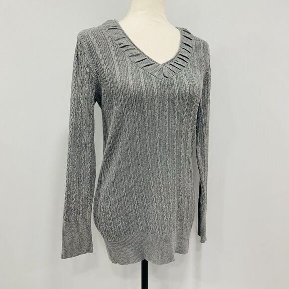 EDDIE BAUER M Y2K Gray Cable Knit V-Neck Long-Sleeve Sweater Bella Swan Preppy - Picture 4 of 16